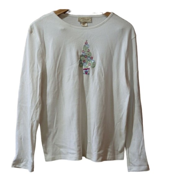 MC Sportswear White Christmas Tree Long Sleeve Scoopneck  Festive Top - Picture 1 of 7